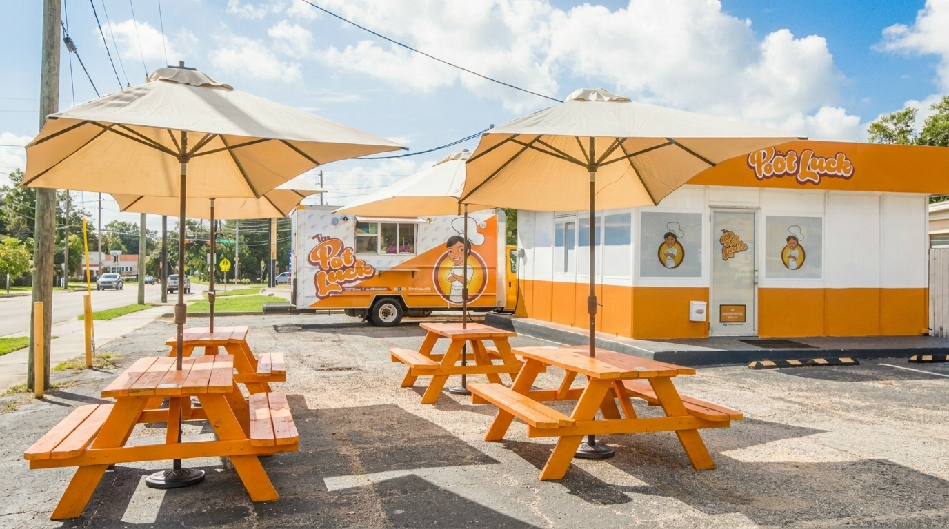 The Pot Luck restaurant with orange picnic tables, umbrellas, and a food truck under a blue sky.