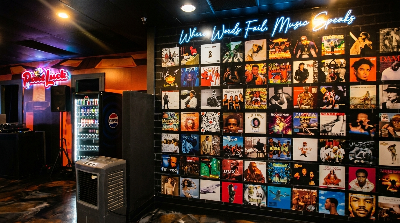A dark room with a neon sign "Where Words Fail, Music Speaks" above a wall of album covers.