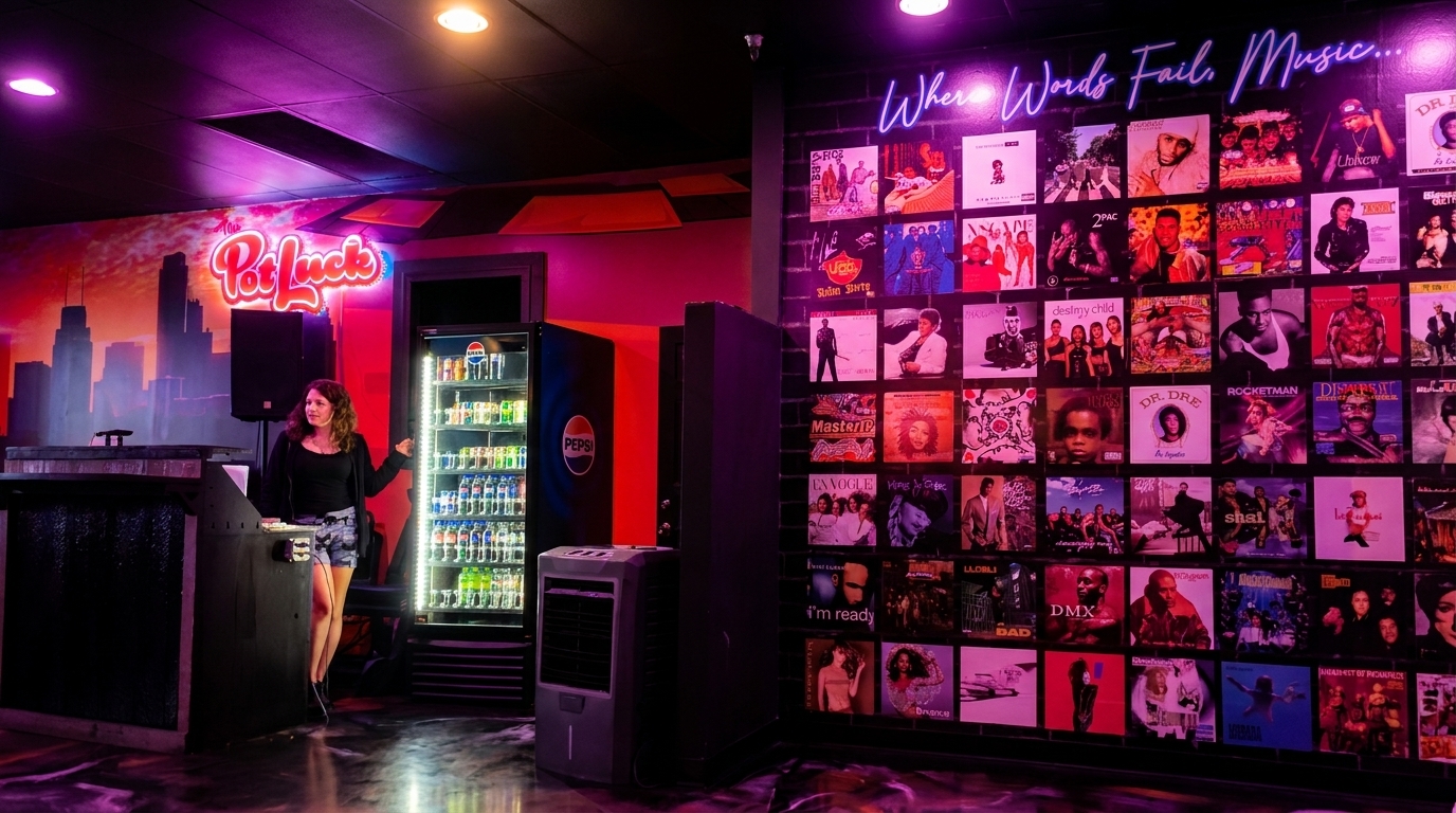 A woman stands by a drink cooler and DJ booth in a neon-lit room with album art on the wall.