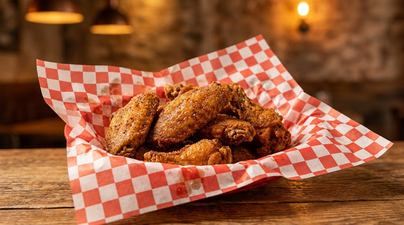 Crispy fried chicken wings in a red and white checkered paper-lined basket on a wooden table.