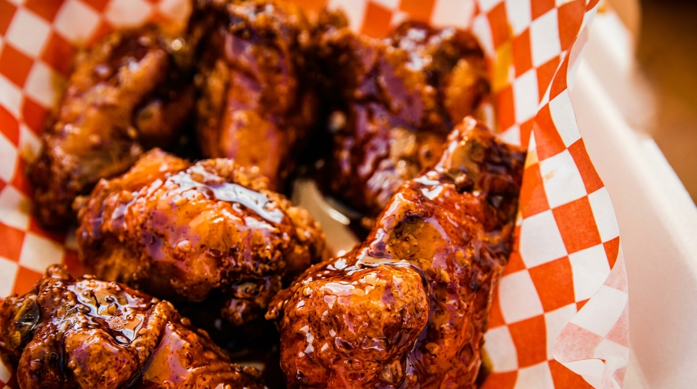 Close-up of sticky, glazed chicken wings in a red and white checkered paper-lined basket.