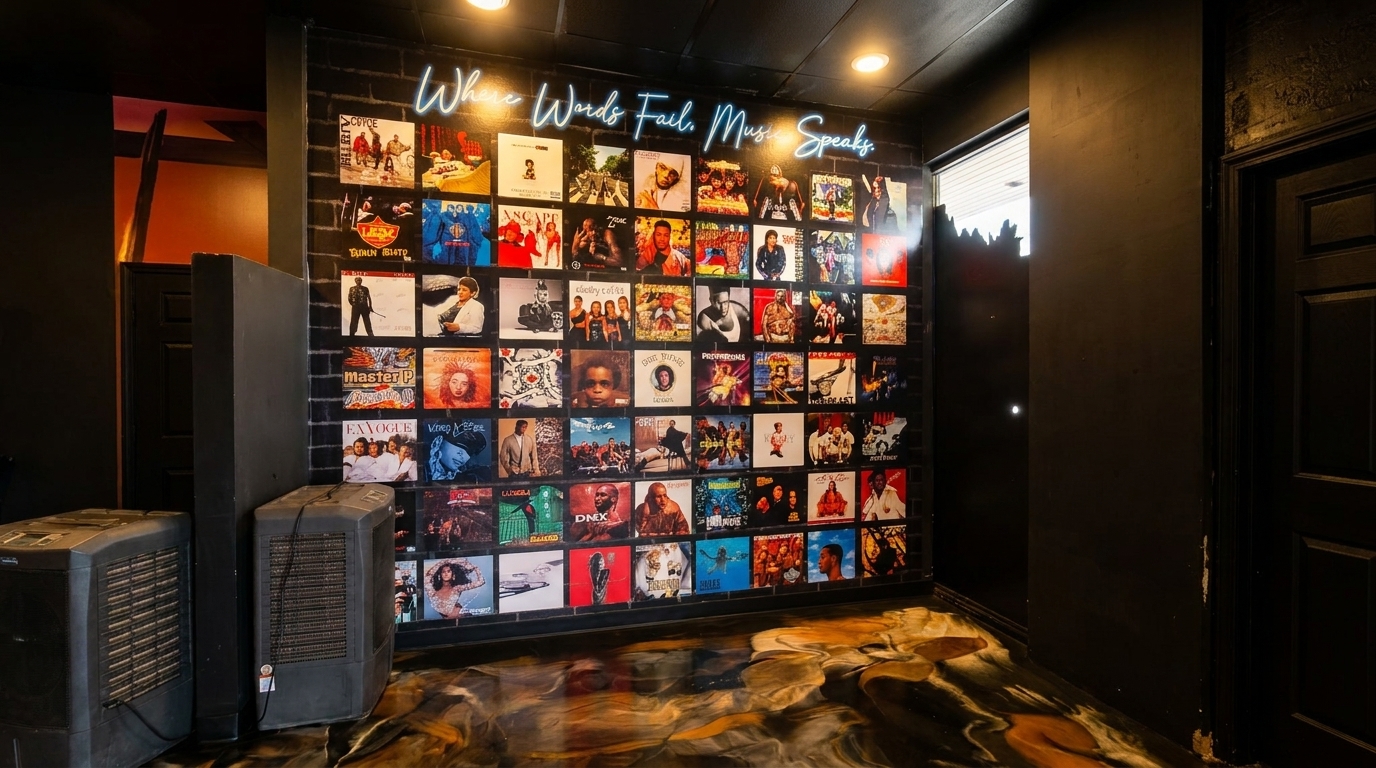 A dark room features a brick wall covered in album covers, with a neon sign reading "Where Words Fail, Music Speaks."