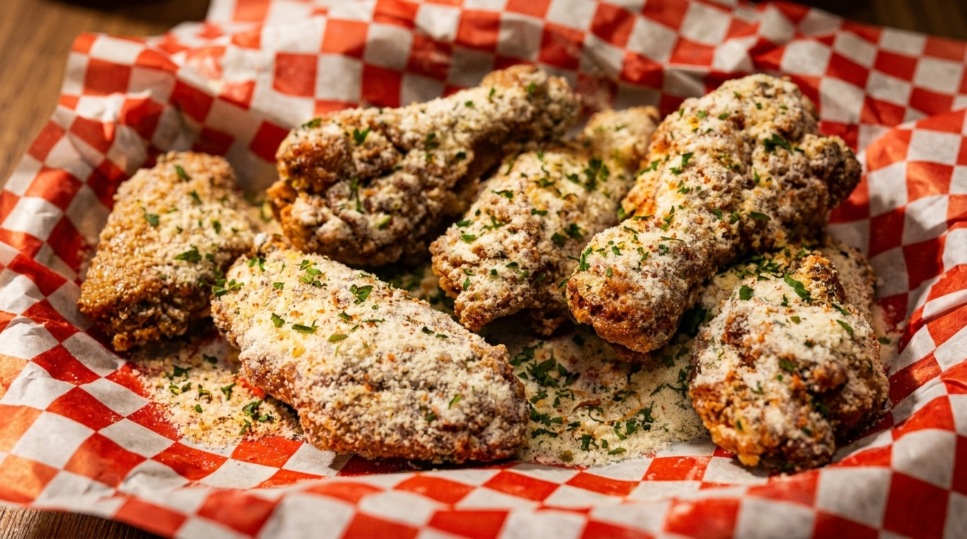 Crispy fried chicken wings, generously coated in parmesan cheese and parsley, served in a red checkered basket.