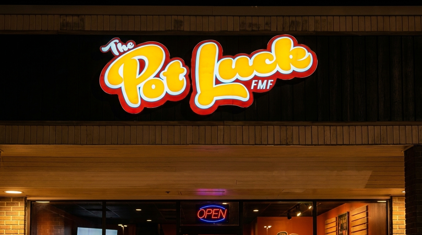 The Pot Luck FMF restaurant sign glows brightly at night above the entrance.