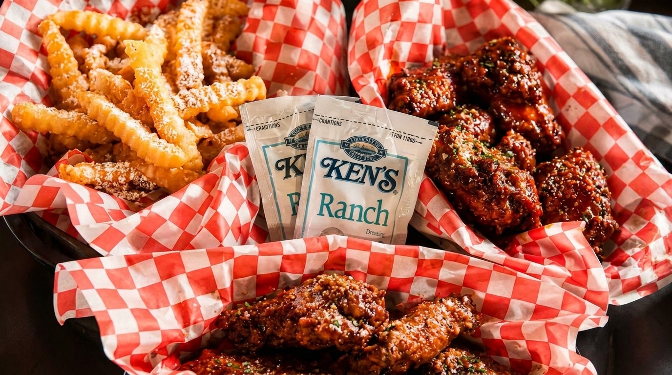 Two baskets of crispy chicken wings and crinkle-cut fries with Ken's Ranch packets.