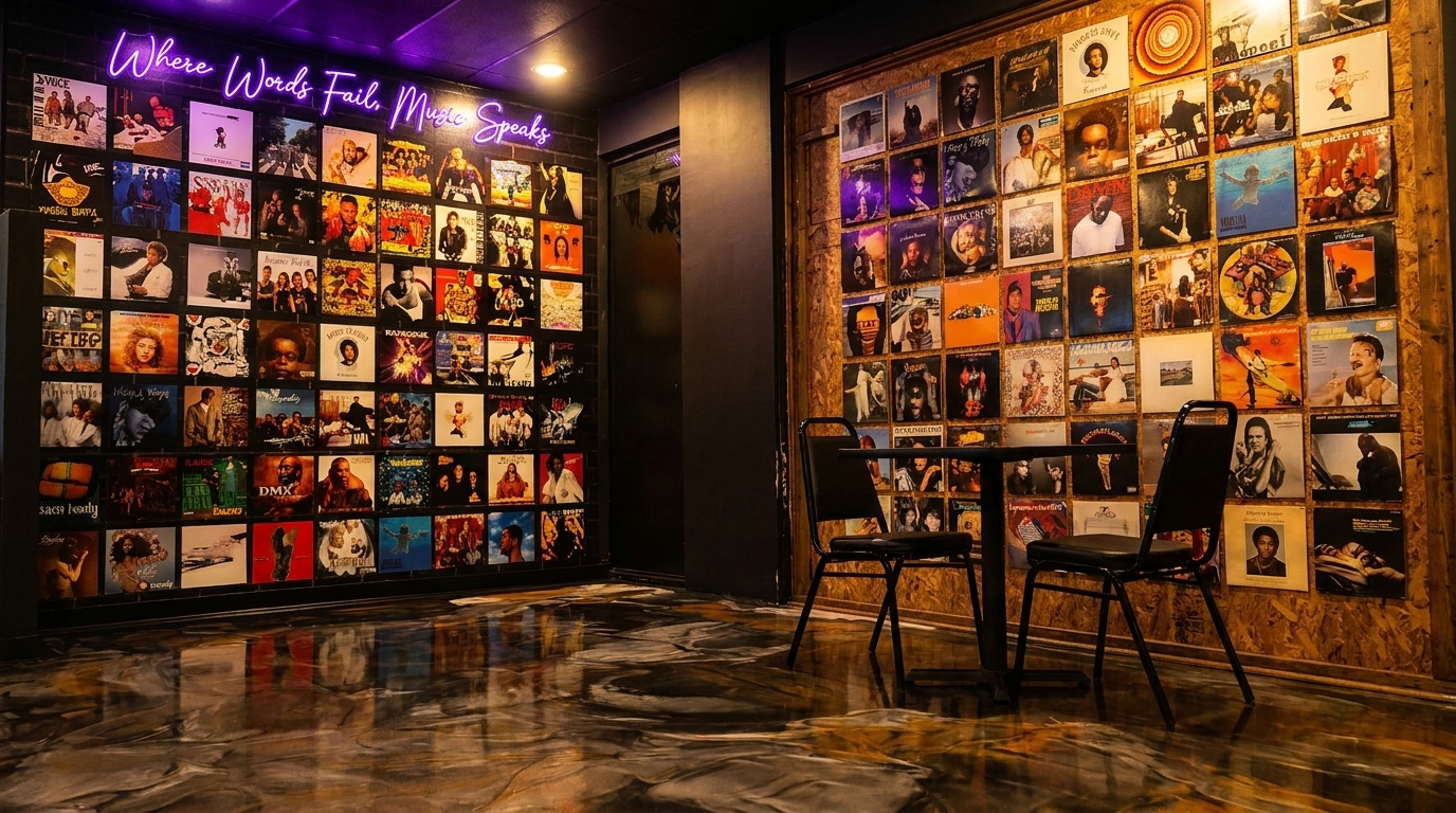 Restaurant interior with walls covered in album covers and a neon sign reading "Where Words Fail, Music Speaks".