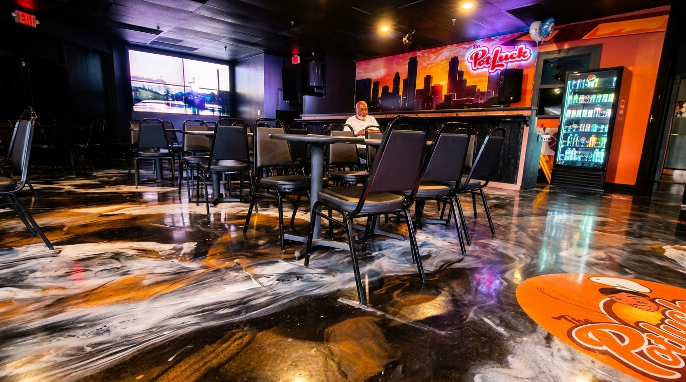 Empty tables and chairs in a restaurant with a colorful epoxy floor and city skyline mural.