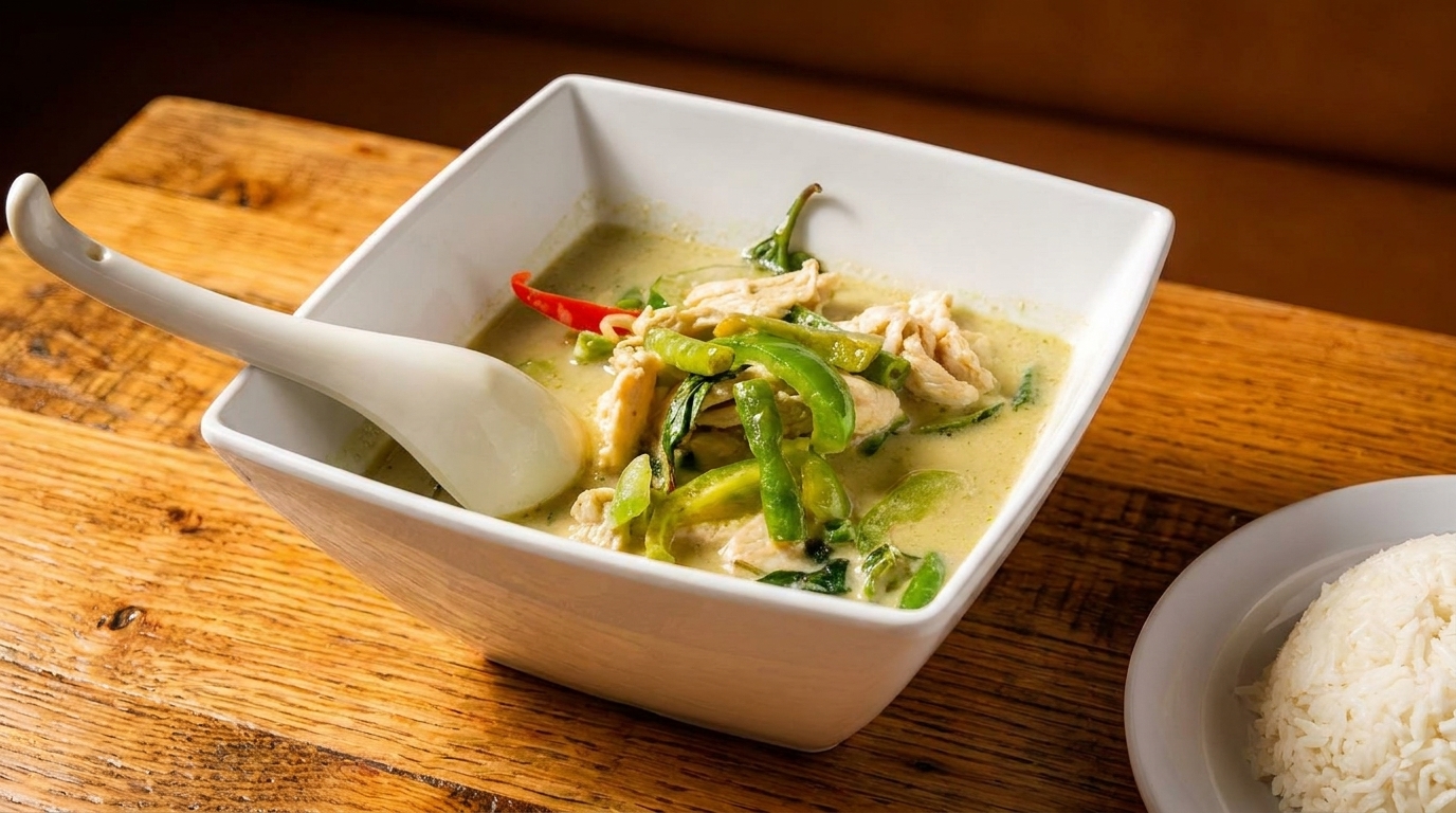 A white bowl of green curry with chicken, green beans, and a red chili, served with rice.