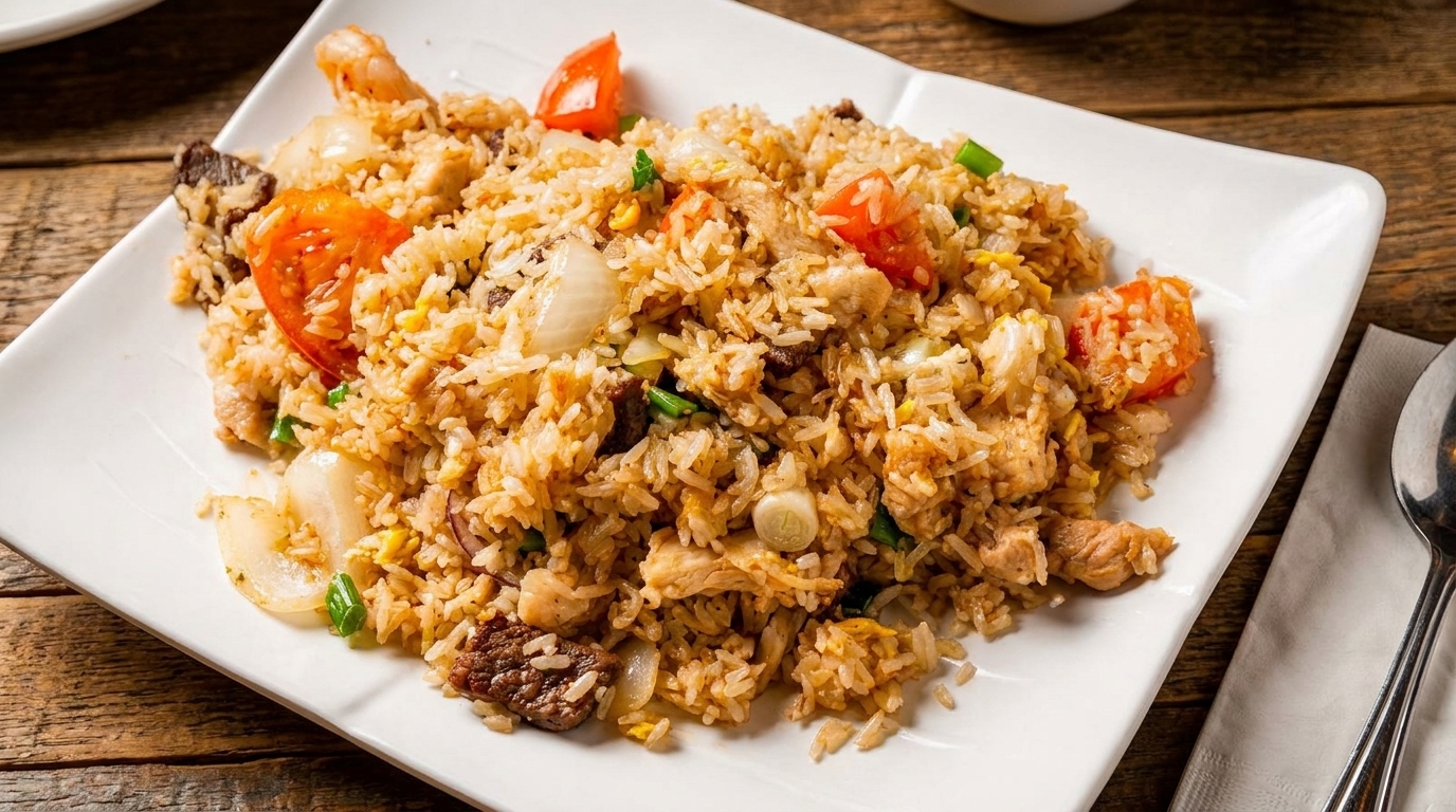 A large serving of fried rice with chicken, beef, shrimp, onions, and tomatoes on a white plate.