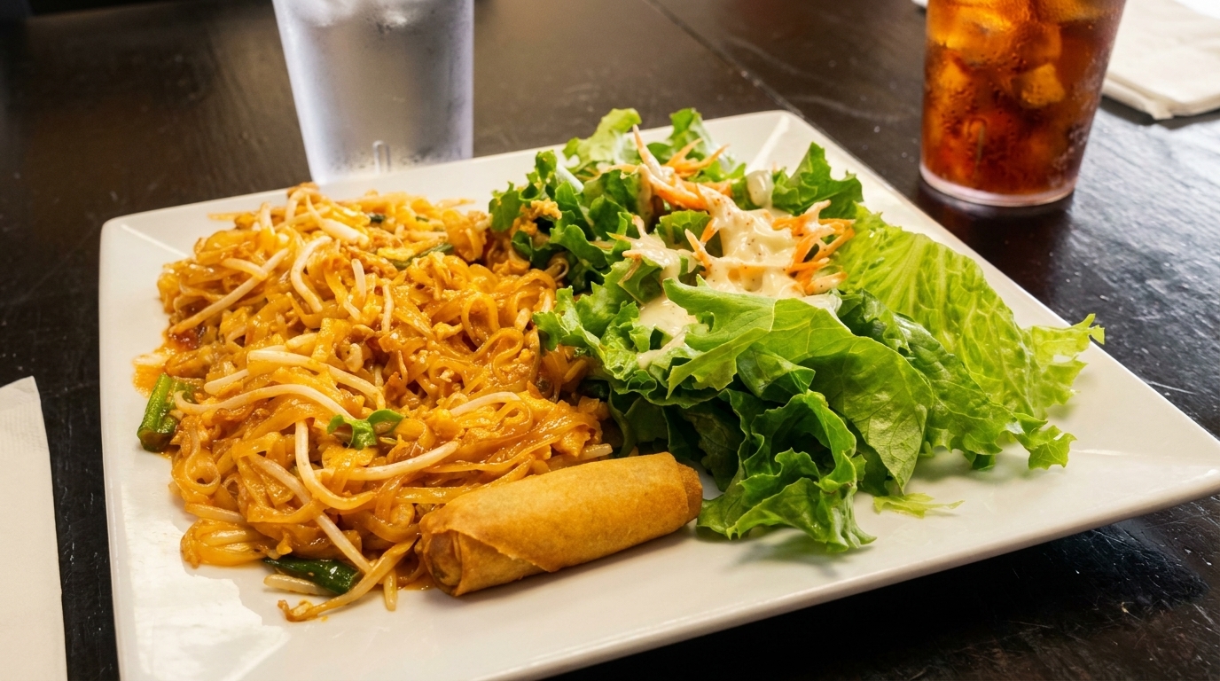 Pad Thai noodles with bean sprouts, a side salad with dressing, and an egg roll on a white plate.