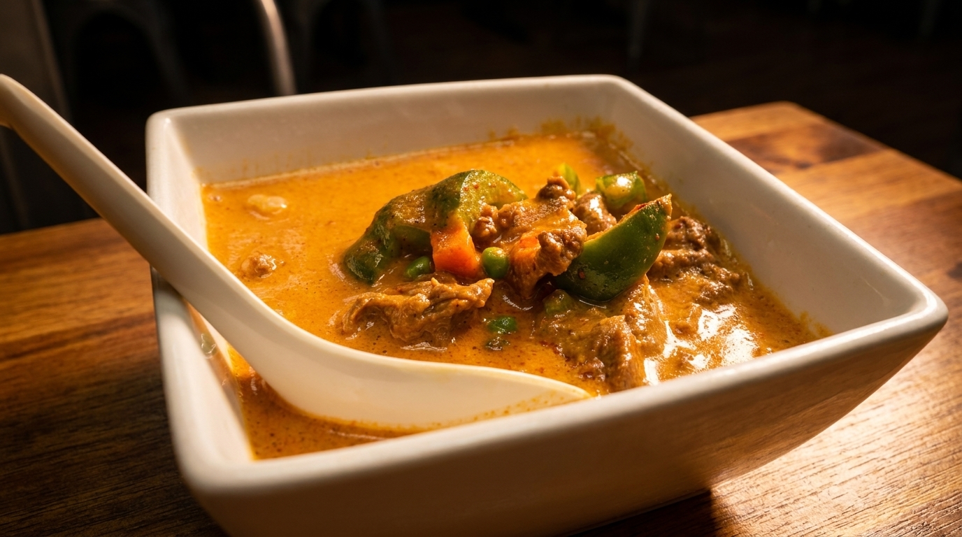 Close-up of a white bowl filled with orange curry, meat, green peppers, and peas.