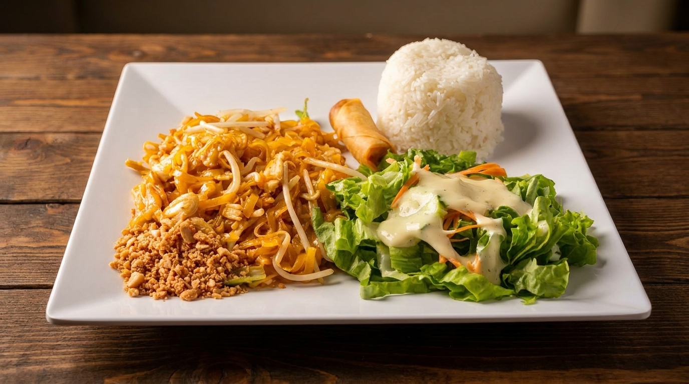 A white plate with Pad Thai, white rice, a spring roll, and a side salad with dressing.