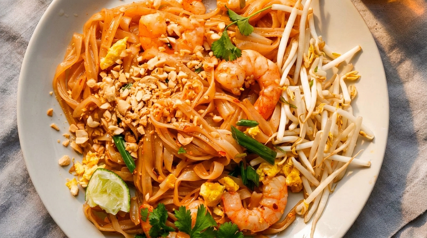 Close-up of shrimp pad Thai with noodles, peanuts, bean sprouts, and a lime wedge.