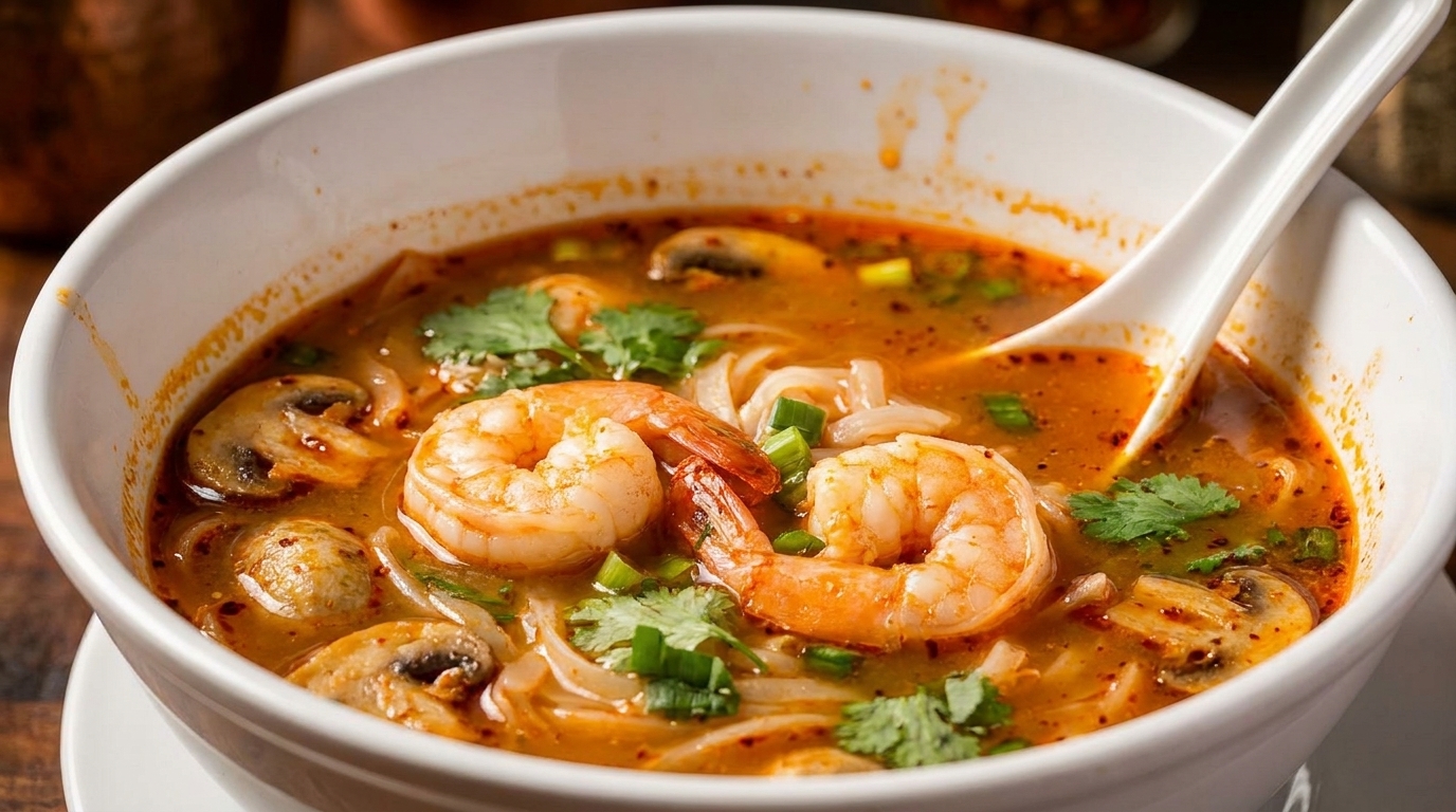 Close-up of a white bowl filled with spicy Tom Yum soup, shrimp, mushrooms, and noodles.