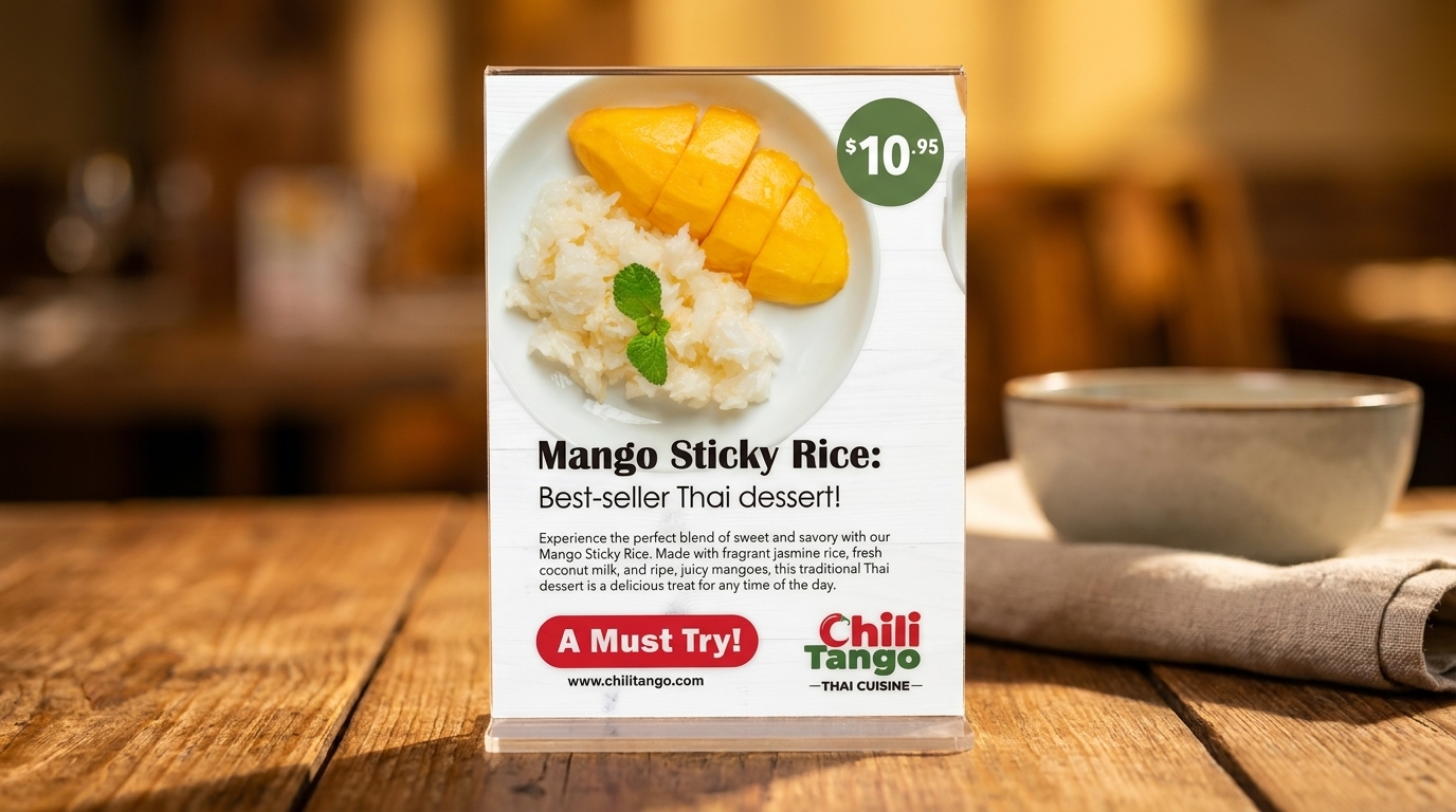 A Chili Tango menu insert advertises Mango Sticky Rice with sliced mango and sticky rice.