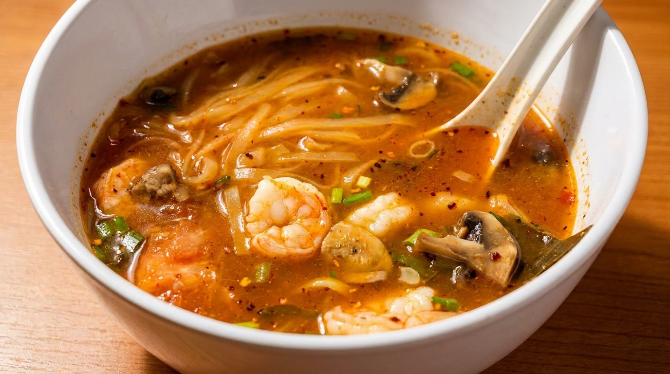 Spicy Tom Yum soup with shrimp, mushrooms, noodles, and green onions in a white bowl.