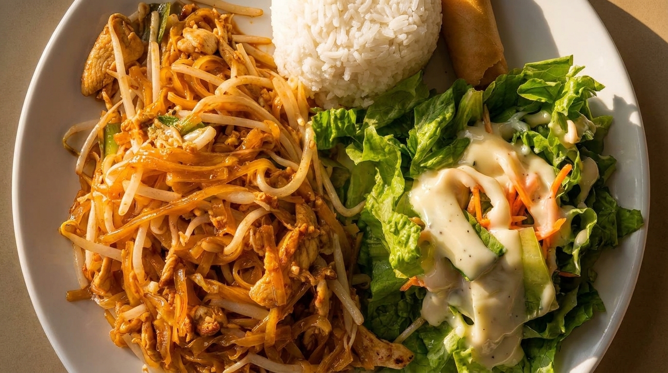 A plate of chicken pad thai, white rice, a spring roll, and a green salad with dressing.