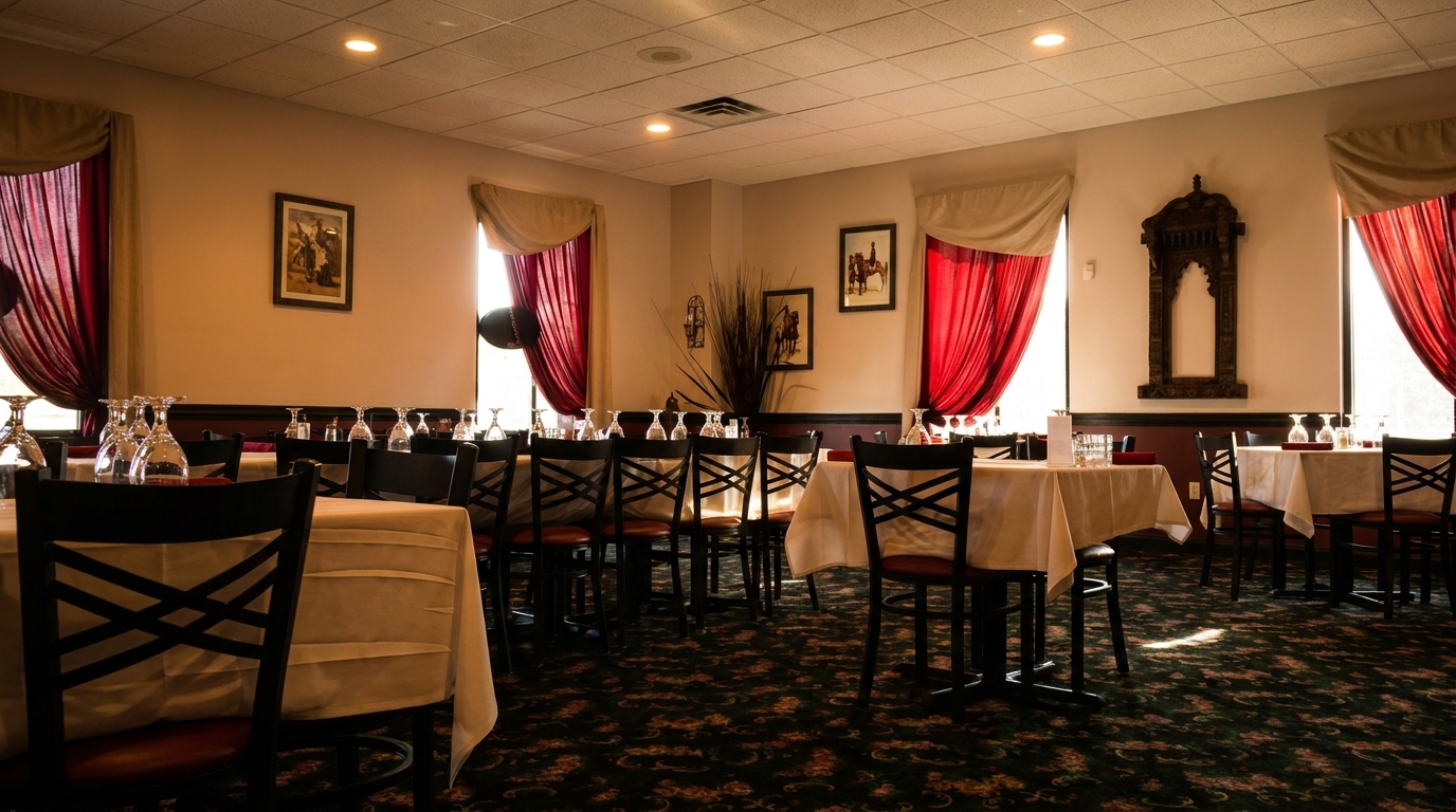 Empty restaurant dining room with tables set with white tablecloths, dark chairs, and red curtains.