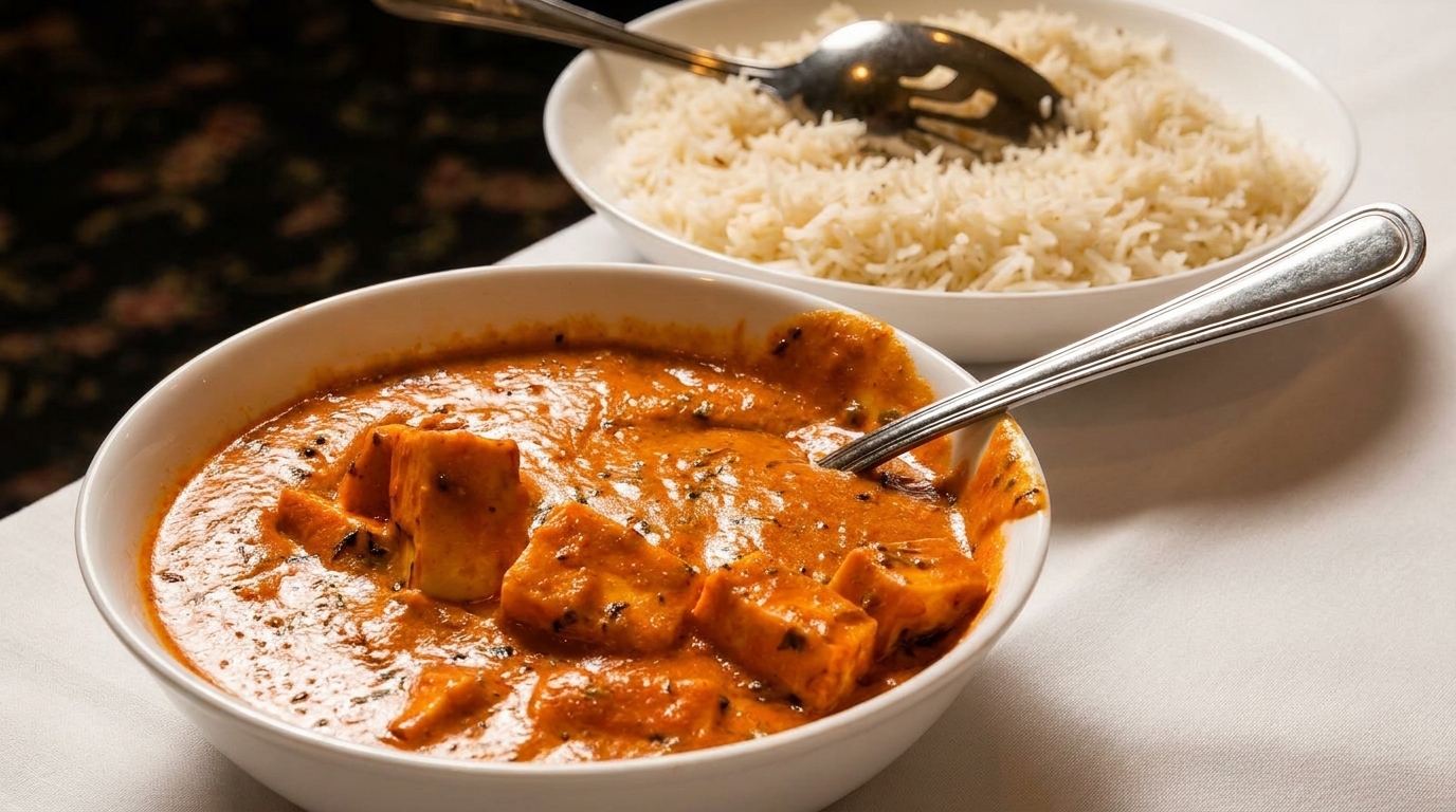 A bowl of paneer tikka masala with a side of basmati rice and serving spoon.