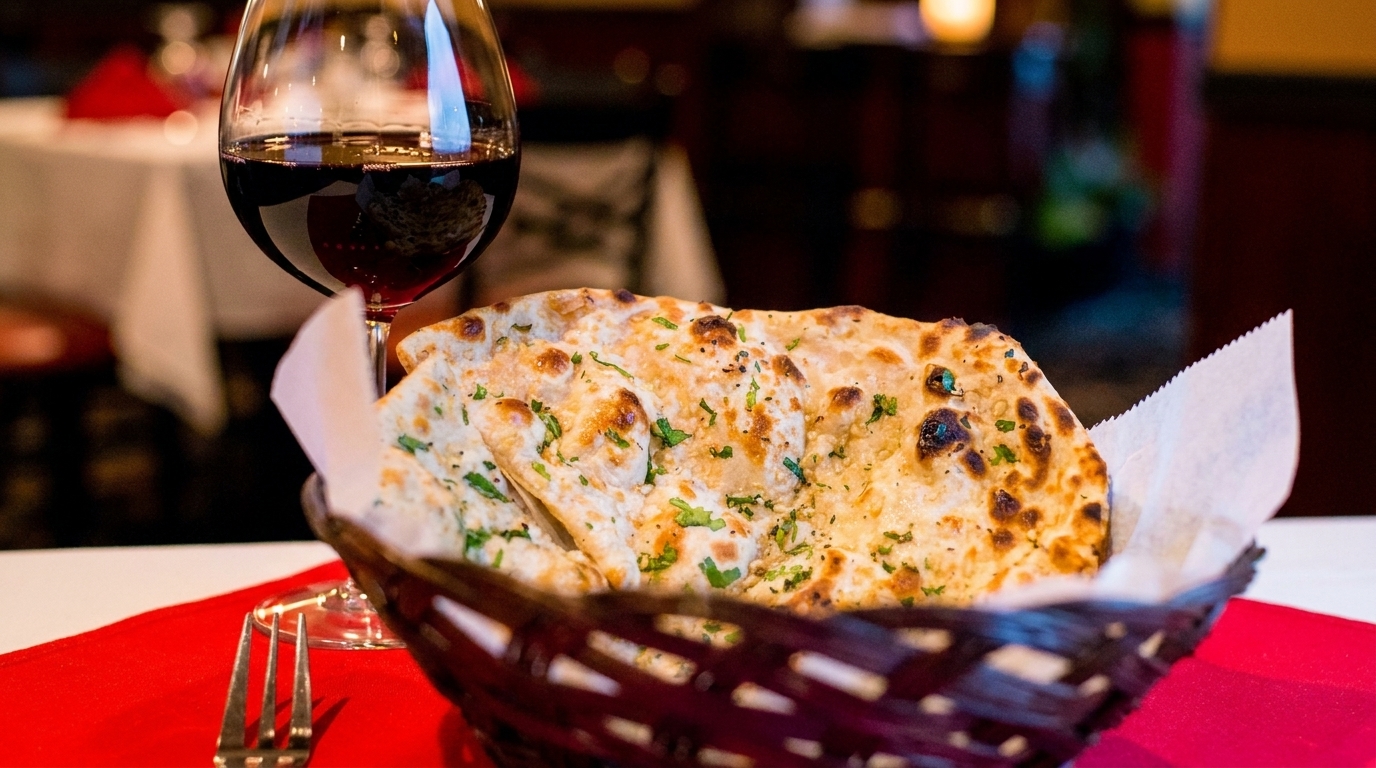 Basket of naan bread with cilantro and a glass of red wine on a red and white tablecloth.