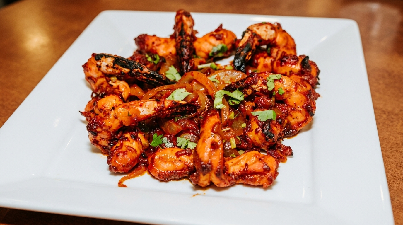 A white rectangular plate holds a serving of spicy shrimp with onions and cilantro.