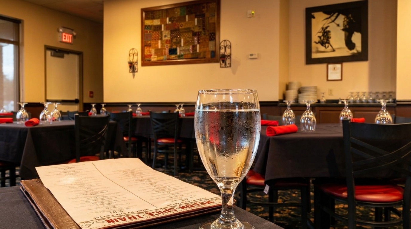 A restaurant dining room with set tables, black tablecloths, red napkins, and a menu in the foreground.
