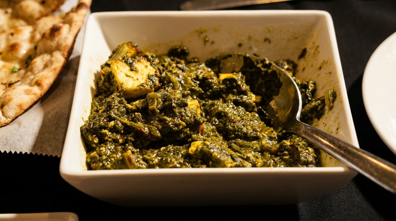A white bowl of green palak paneer with a spoon, next to naan bread.