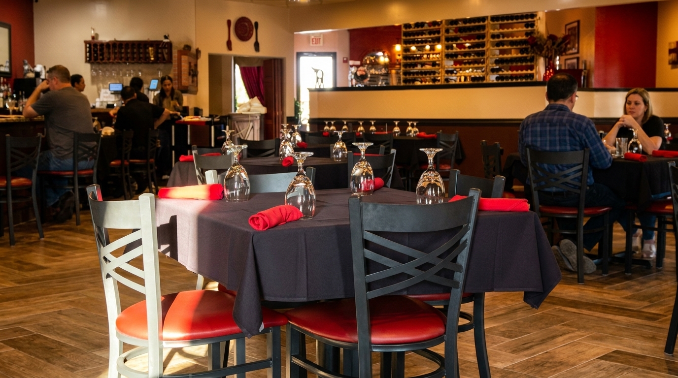 Restaurant interior with black-draped tables, red napkins, wine glasses, and patrons at tables and bar.