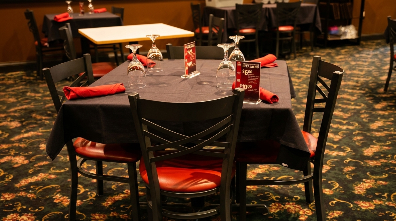 Restaurant dining room with black tablecloths, red napkins, wine glasses, and patterned carpet.
