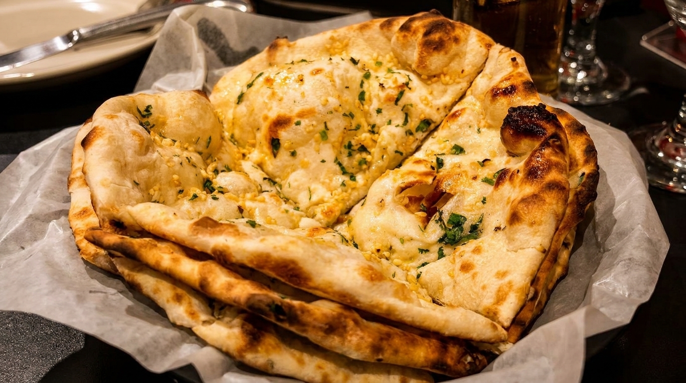 A basket of warm, golden-brown garlic naan bread, garnished with fresh green herbs, on a dark table.