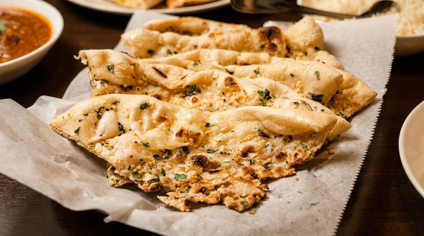 Garlic naan bread, garnished with fresh herbs, served on parchment paper with curry in background.