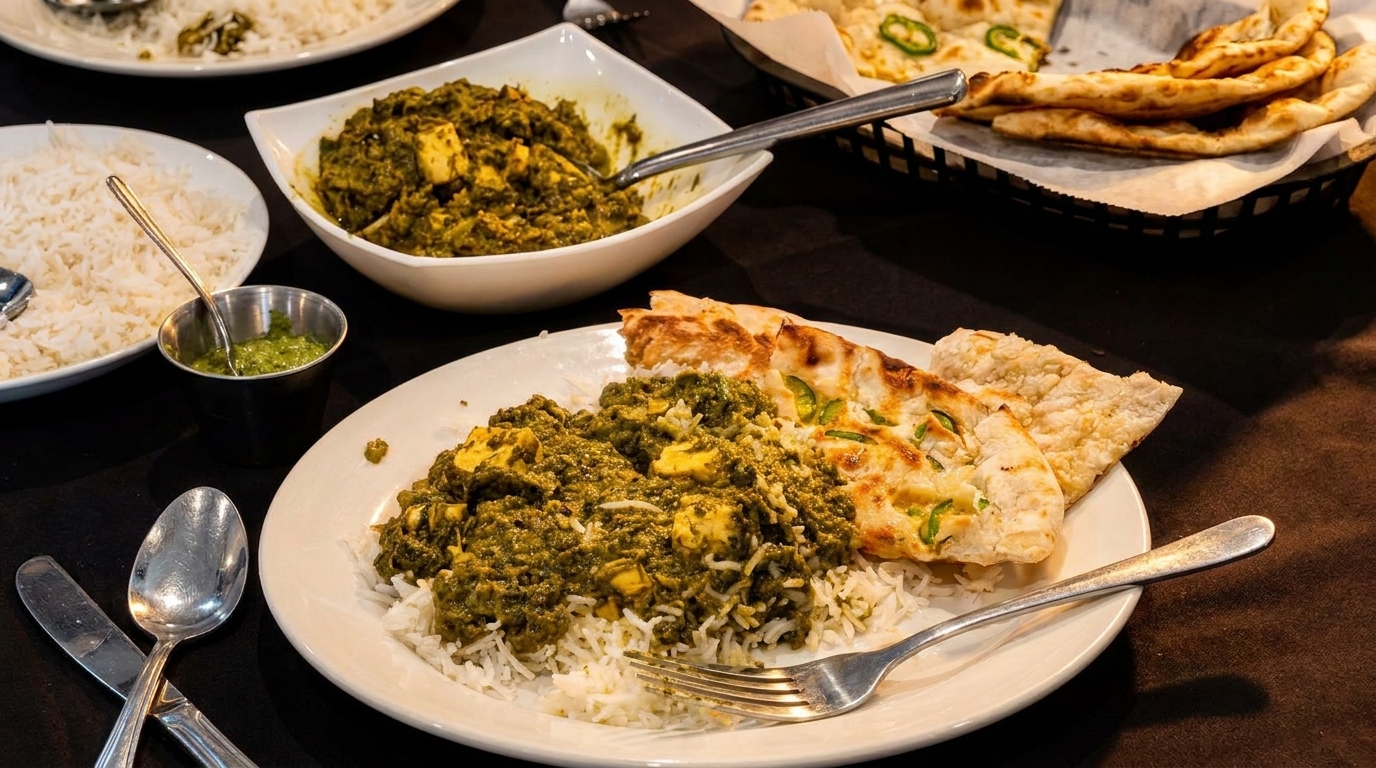 Indian meal with palak paneer, rice, naan bread, and green chutney on a dark table.