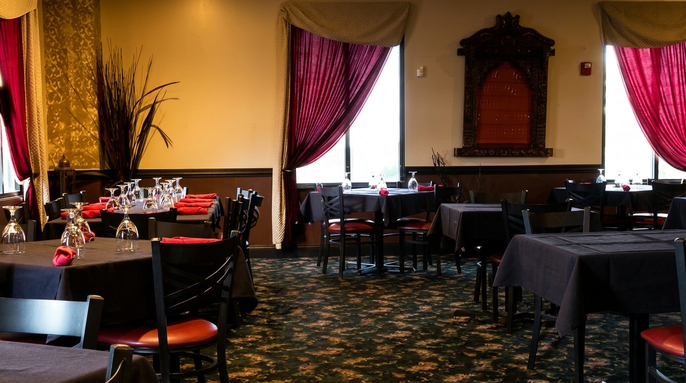 Restaurant dining room with black tablecloths, red napkins, wine glasses, and red curtains.