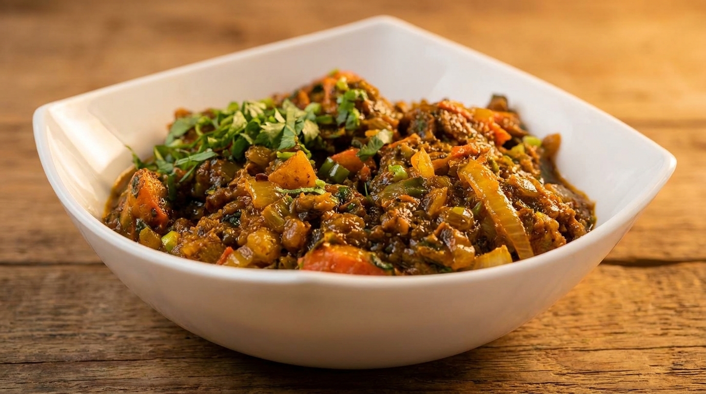 A white bowl filled with a rich, dark curry, garnished with fresh green herbs on a wooden table.
