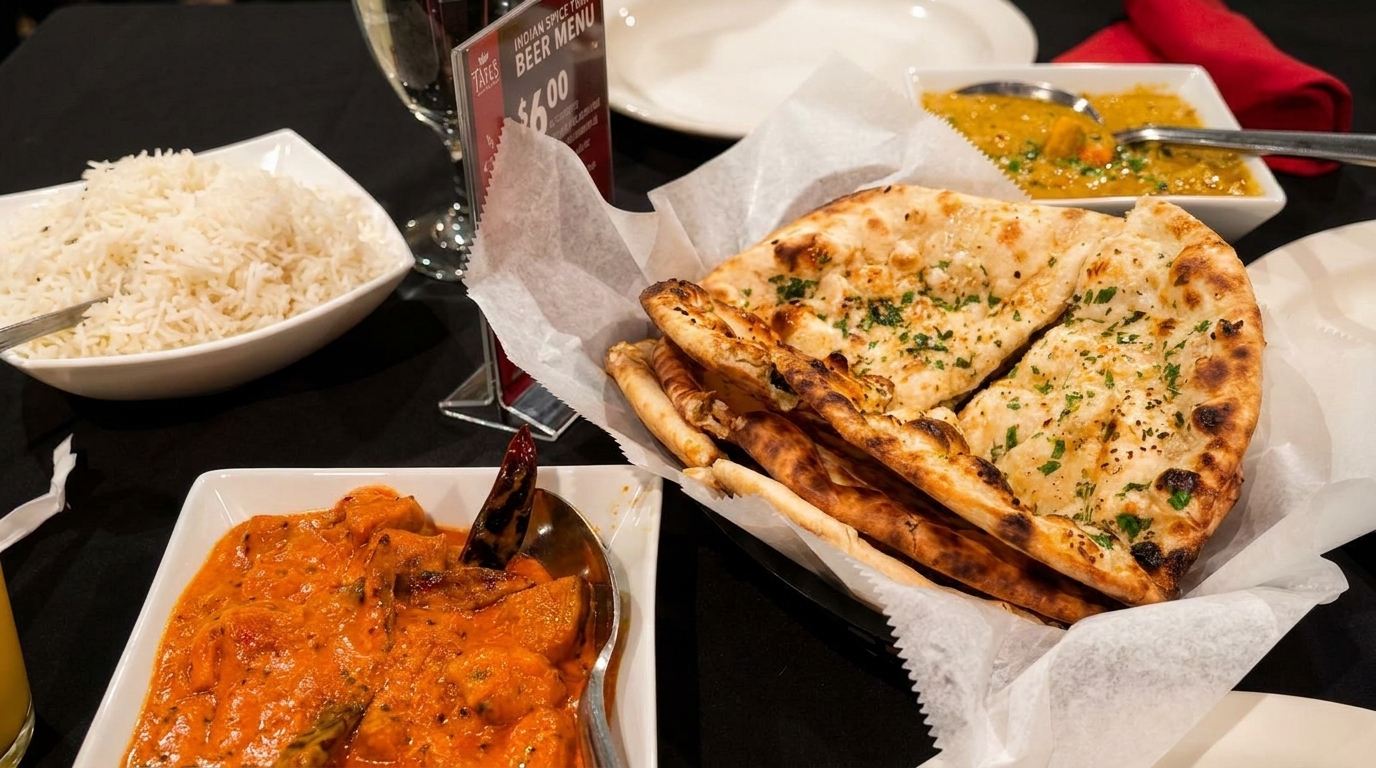 Indian meal with naan bread, rice, chicken tikka masala, and dal on a black table.