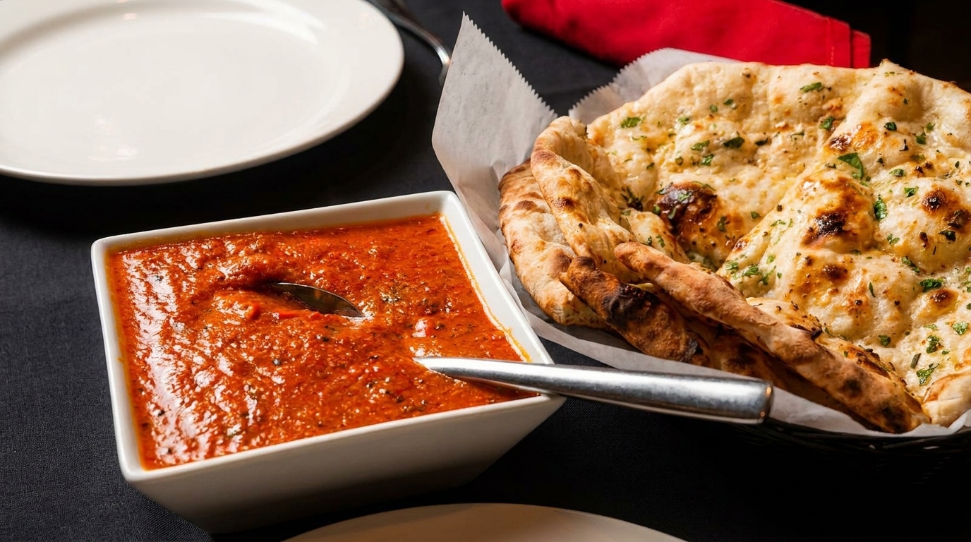 A bowl of red curry with a spoon next to a basket of naan bread.