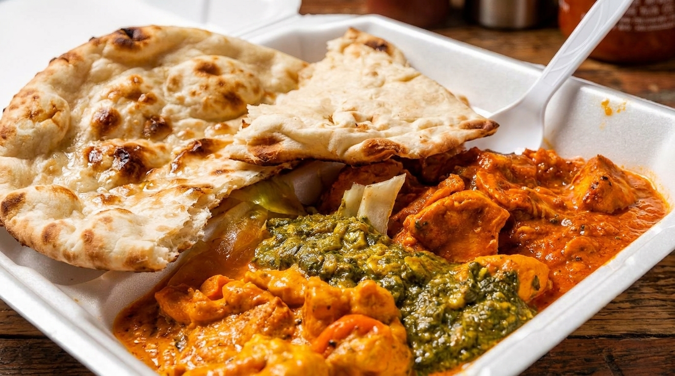 Indian takeout meal with naan bread, chicken tikka masala, and green chutney in a white container.