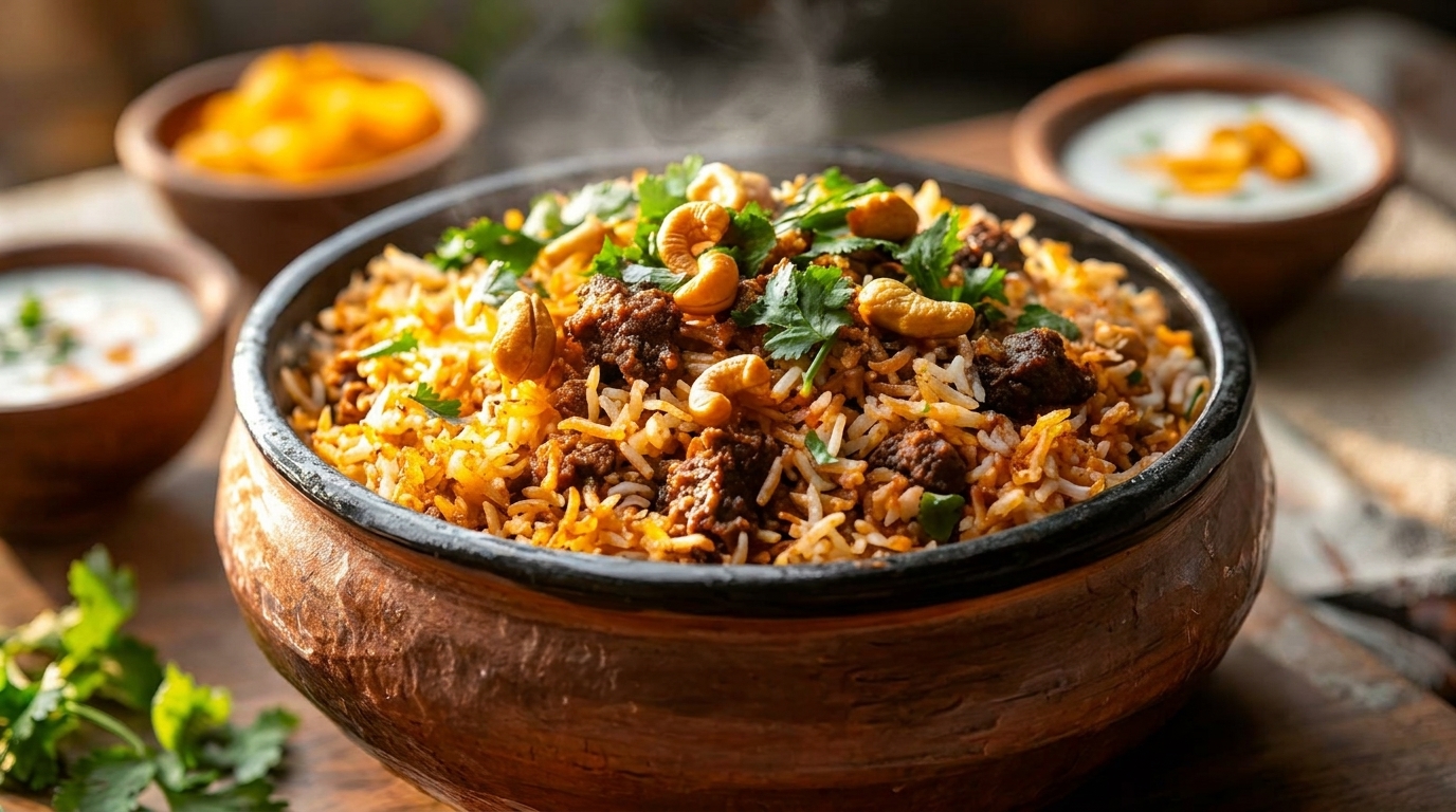 Steaming bowl of biryani with meat, cashews, and cilantro, with side dishes in the background.