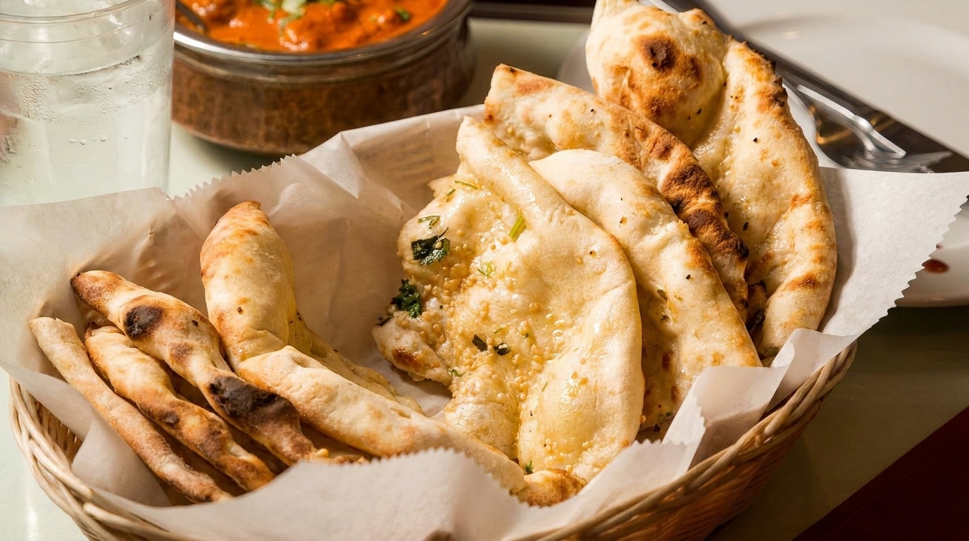A basket of warm naan bread, some plain and some garlic, with a bowl of curry in the background.