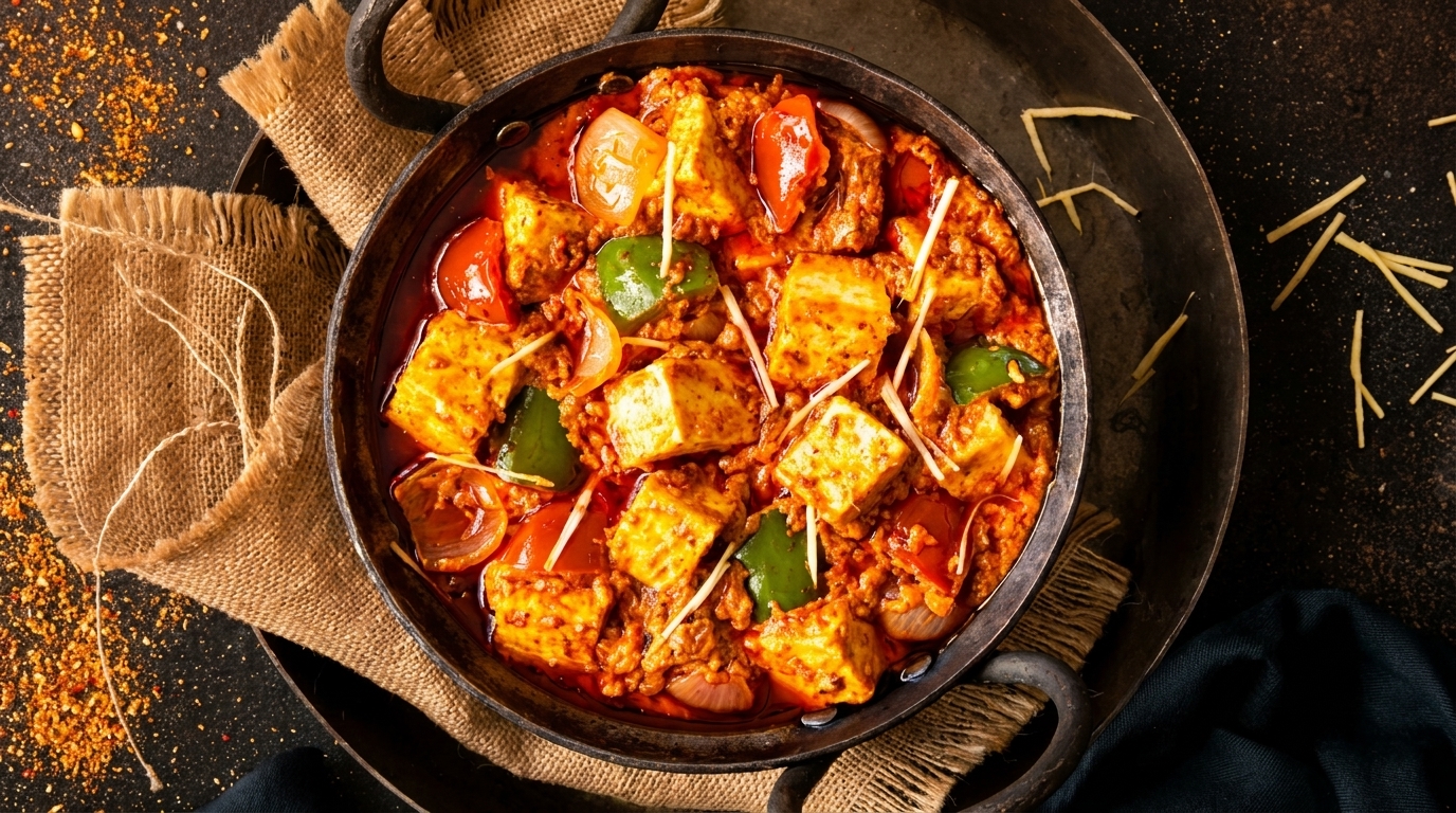 Overhead view of paneer tikka masala with bell peppers and onions in a rustic pan.