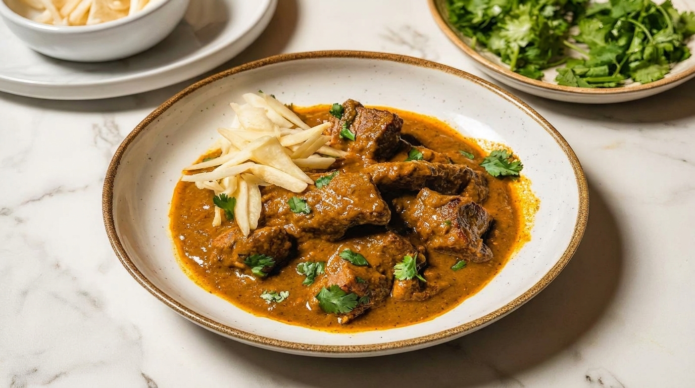 A bowl of rich, brown curry with meat chunks, topped with cilantro and crispy potato sticks.