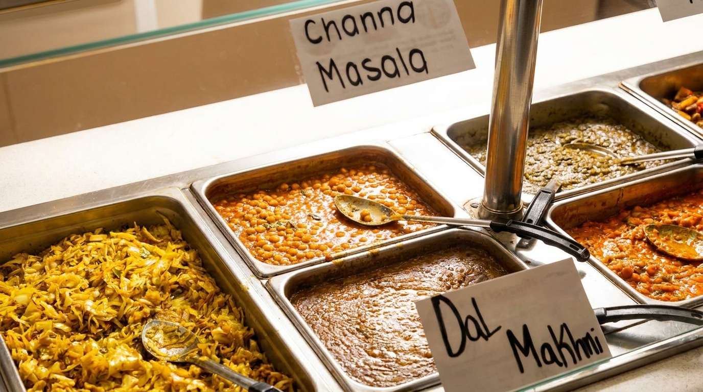 A buffet line with various Indian dishes, including Channa Masala and Dal Makhni.