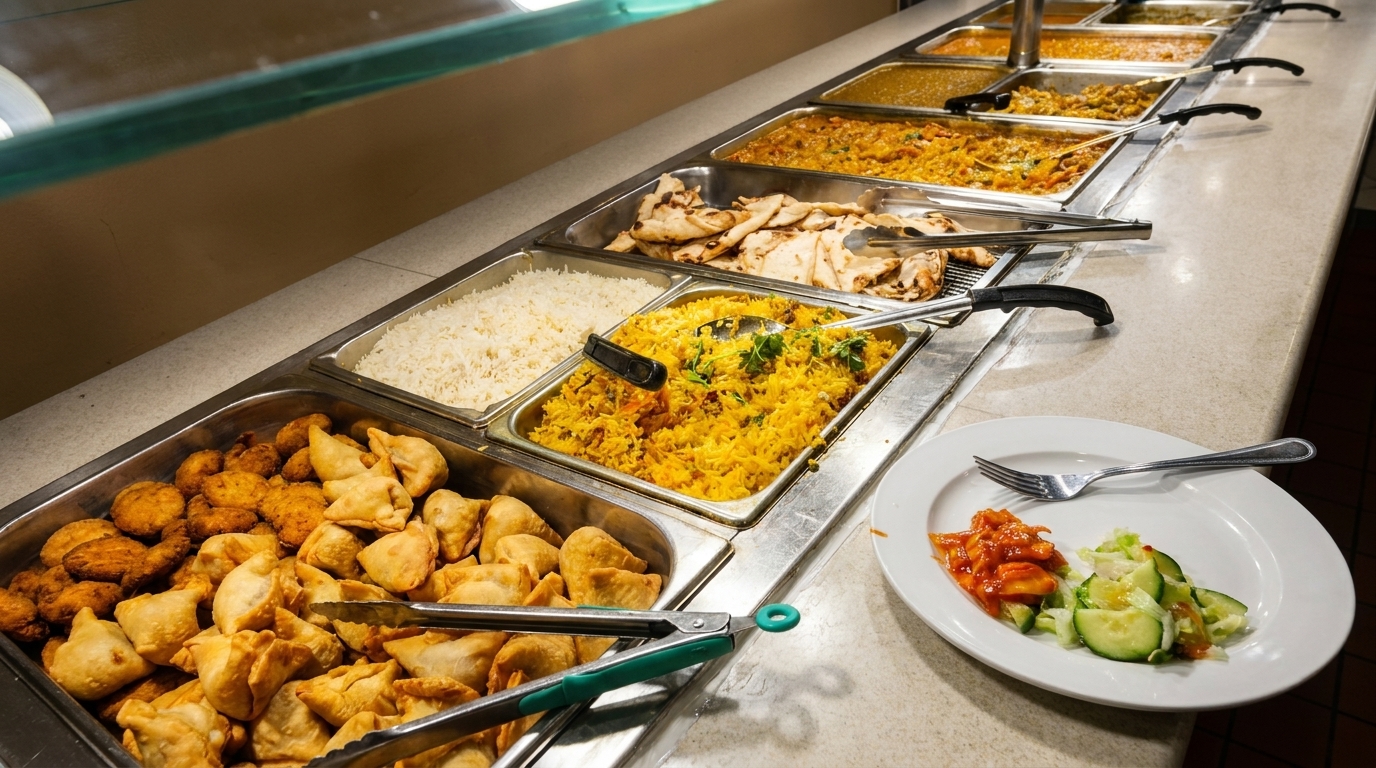 A buffet line with various Indian dishes, including rice, curries, naan, samosas, and pakoras.