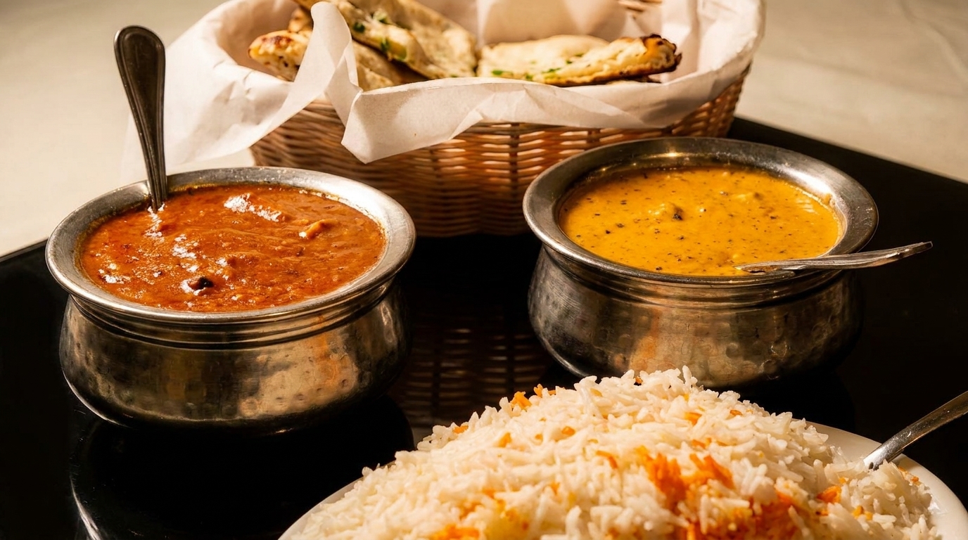 Indian meal with two bowls of curry, a basket of naan bread, and a plate of rice.