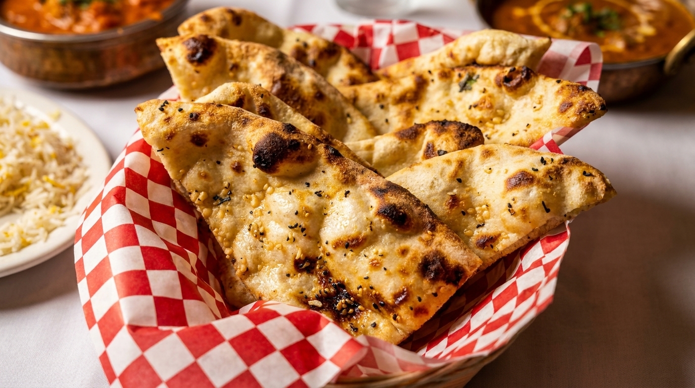 Basket of warm, golden-brown naan bread with sesame seeds, alongside rice and curry dishes.