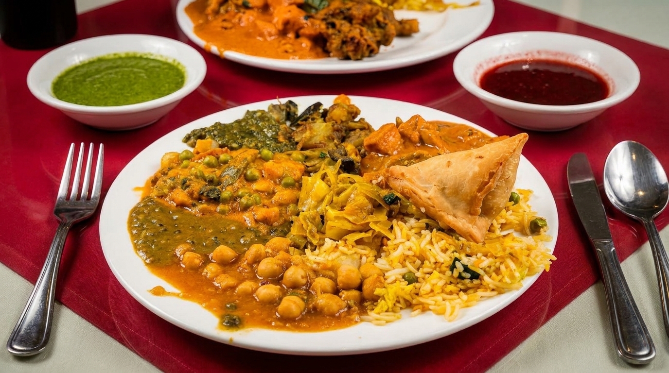 A white plate filled with various Indian dishes, including rice, curries, and a samosa.