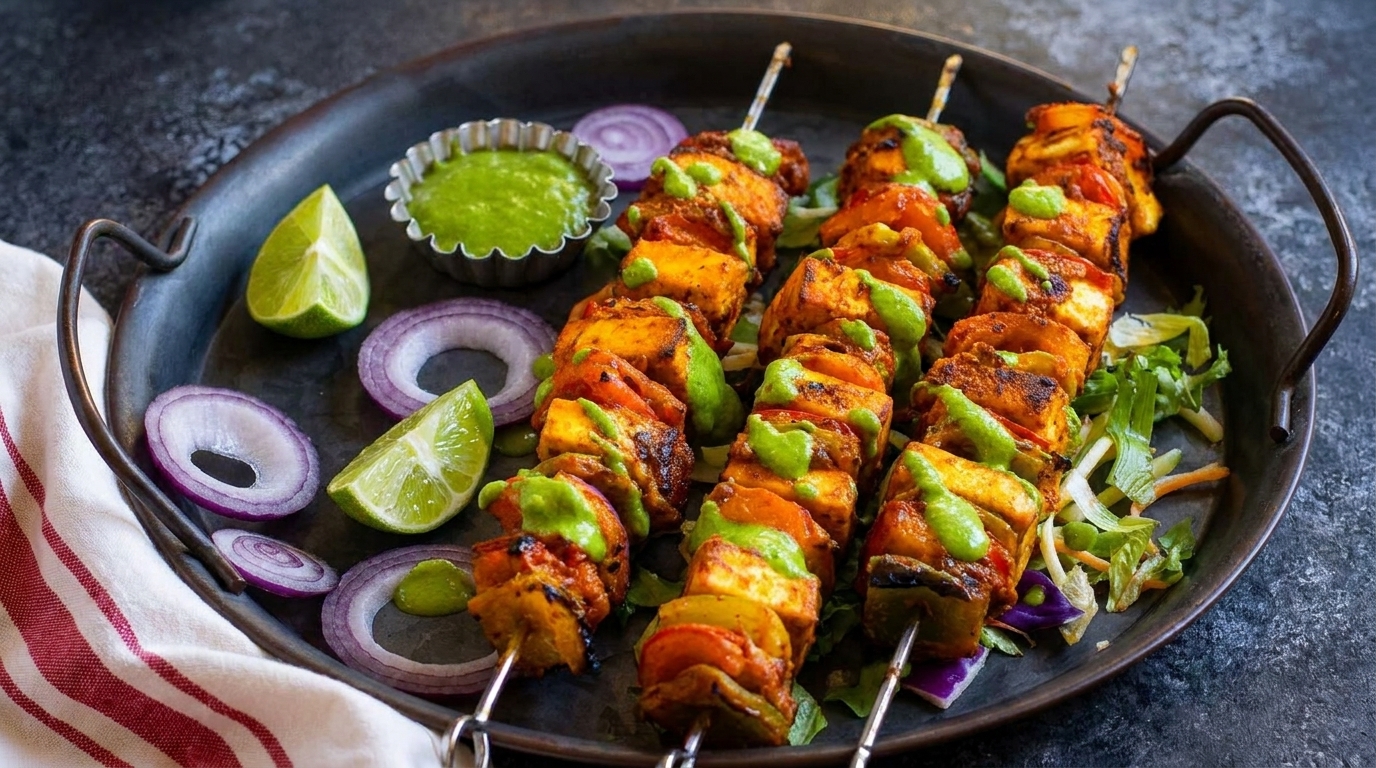 Three paneer tikka skewers with green chutney, lime wedges, and red onion on a dark tray.