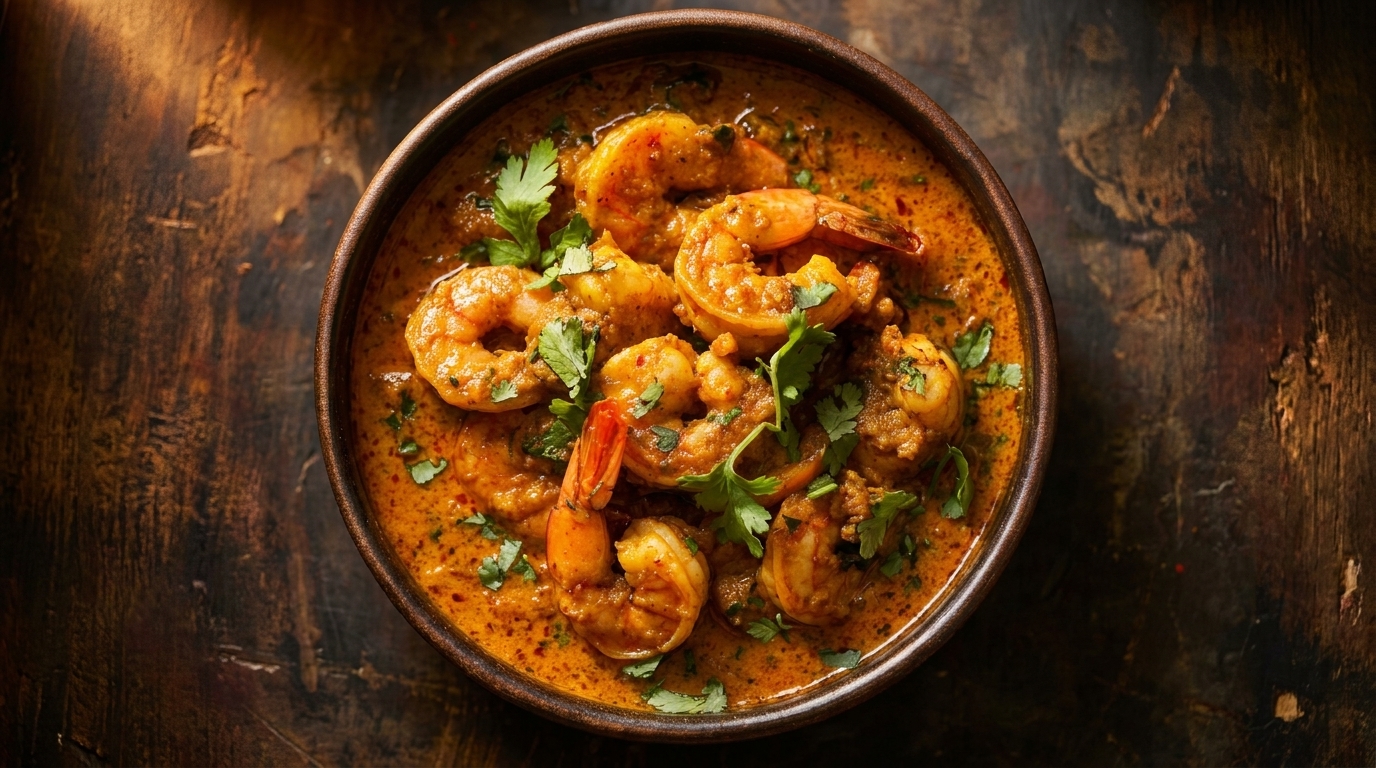 A bowl of shrimp curry with cilantro garnish, served on a rustic wooden surface.