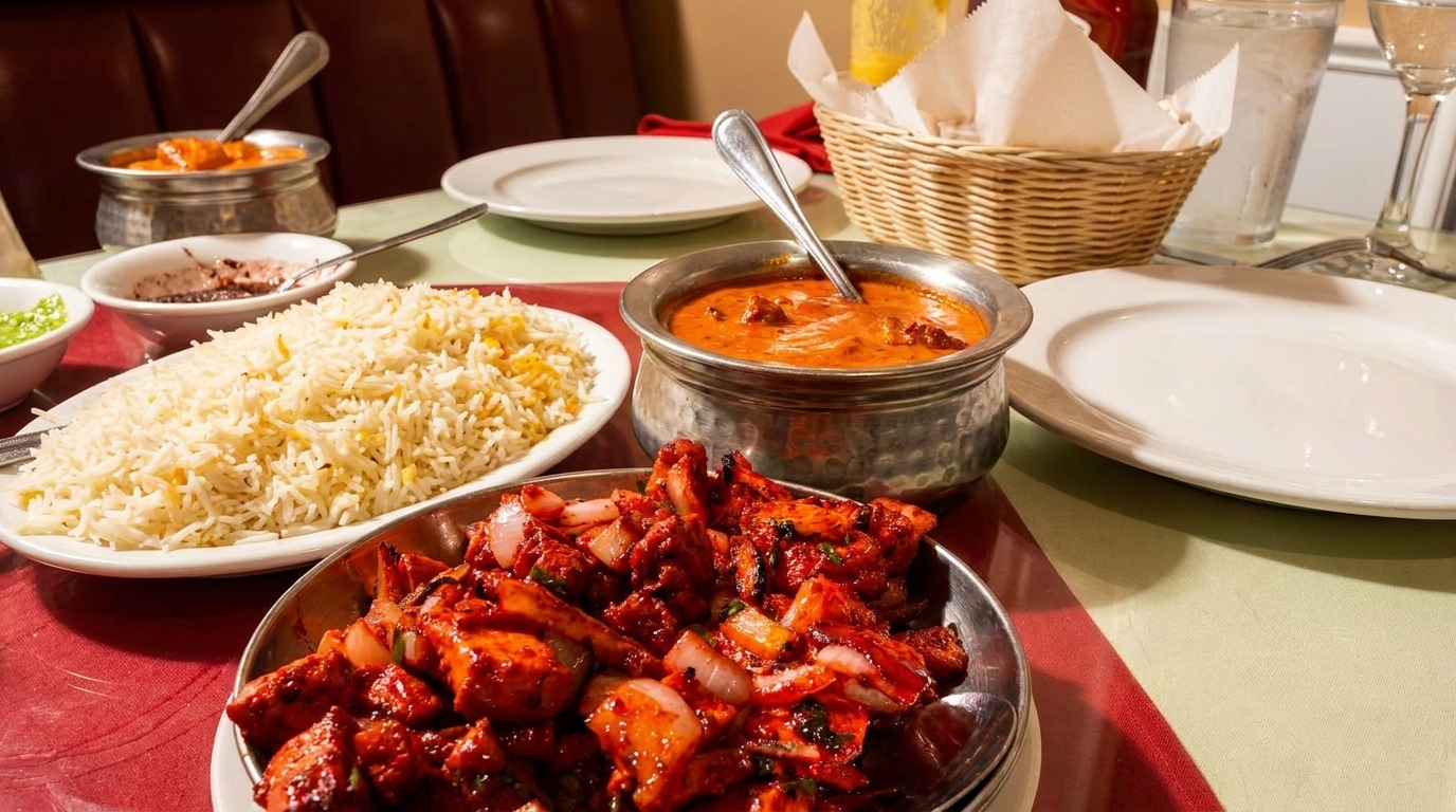 A table set with Indian dishes, including rice, curry, and a red chicken dish.