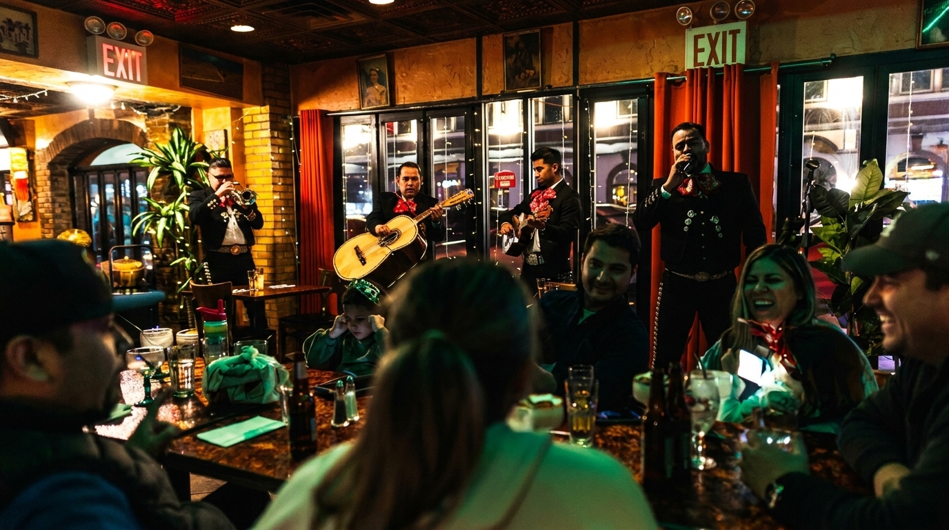 A mariachi band performs for smiling patrons at tables in a lively restaurant.